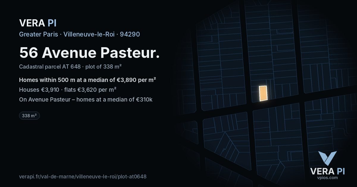 56 Avenue Pasteur, Villeneuve-le-Roi at night – the plot lit, the parcels around coloured by the prices near them