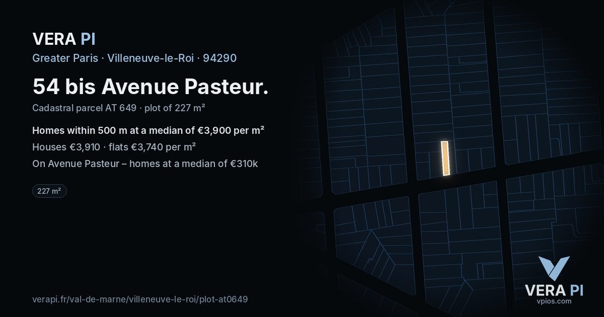 54 bis Avenue Pasteur, Villeneuve-le-Roi at night – the plot lit, the parcels around coloured by the prices near them