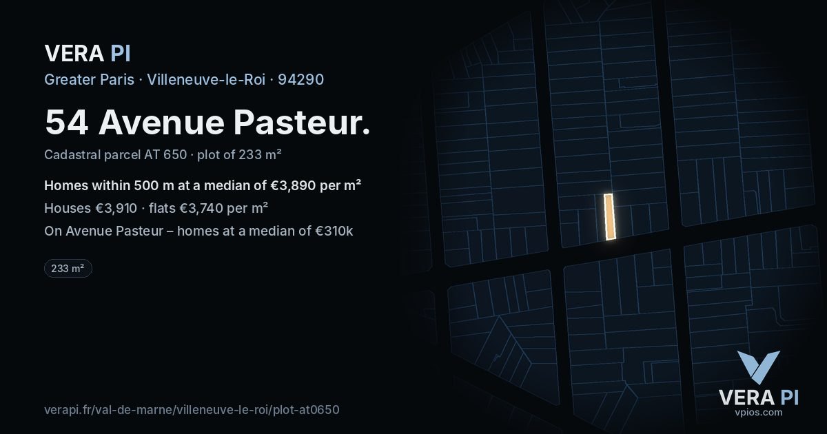 54 Avenue Pasteur, Villeneuve-le-Roi at night – the plot lit, the parcels around coloured by the prices near them