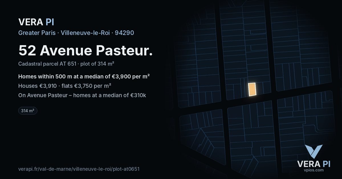 52 Avenue Pasteur, Villeneuve-le-Roi at night – the plot lit, the parcels around coloured by the prices near them