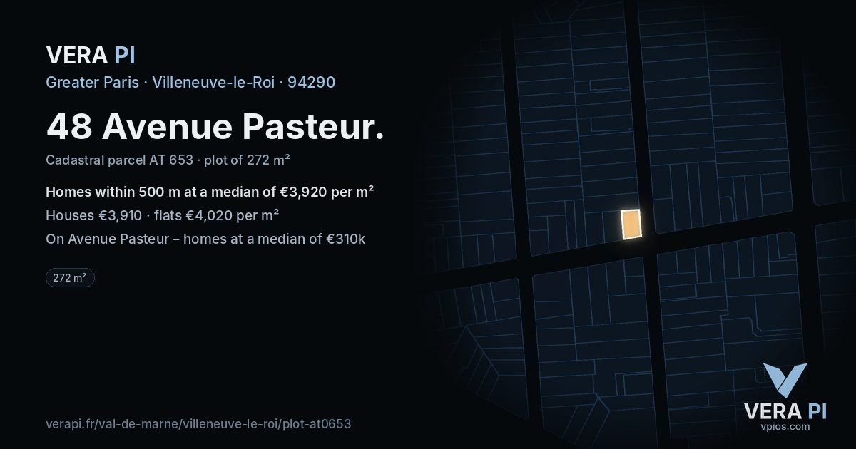48 Avenue Pasteur, Villeneuve-le-Roi at night – the plot lit, the parcels around coloured by the prices near them