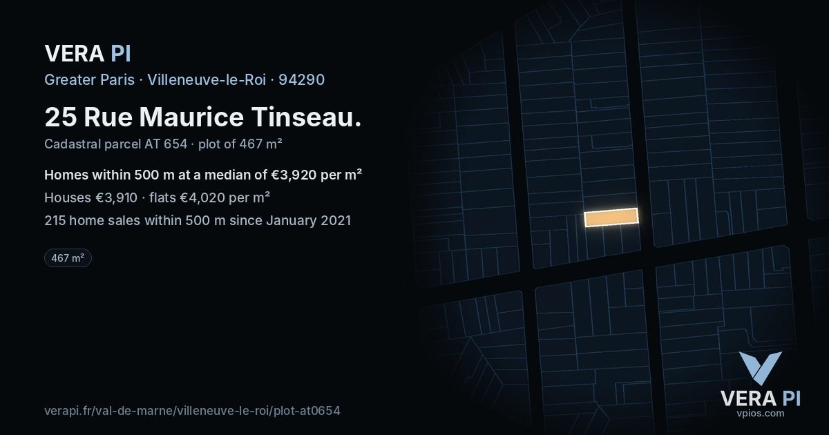 25 Rue Maurice Tinseau, Villeneuve-le-Roi at night – the plot lit, the parcels around coloured by the prices near them
