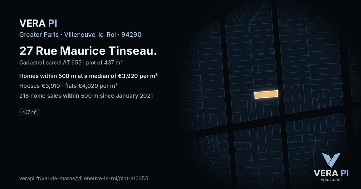 27 Rue Maurice Tinseau, Villeneuve-le-Roi at night – the plot lit, the parcels around coloured by the prices near them