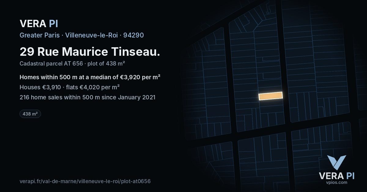 29 Rue Maurice Tinseau, Villeneuve-le-Roi at night – the plot lit, the parcels around coloured by the prices near them