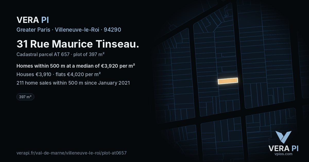 31 Rue Maurice Tinseau, Villeneuve-le-Roi at night – the plot lit, the parcels around coloured by the prices near them