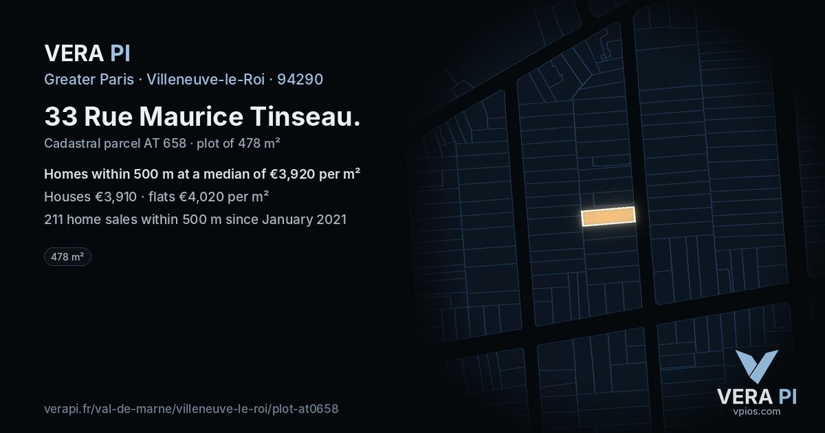 33 Rue Maurice Tinseau, Villeneuve-le-Roi at night – the plot lit, the parcels around coloured by the prices near them