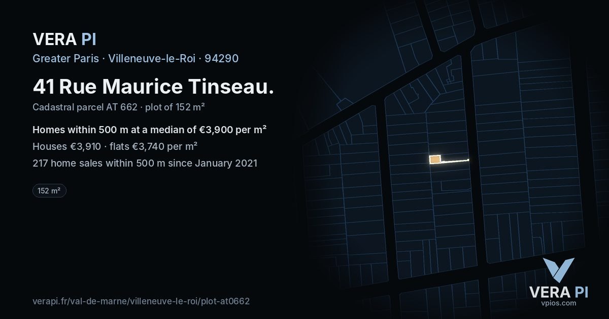 41 Rue Maurice Tinseau, Villeneuve-le-Roi at night – the plot lit, the parcels around coloured by the prices near them