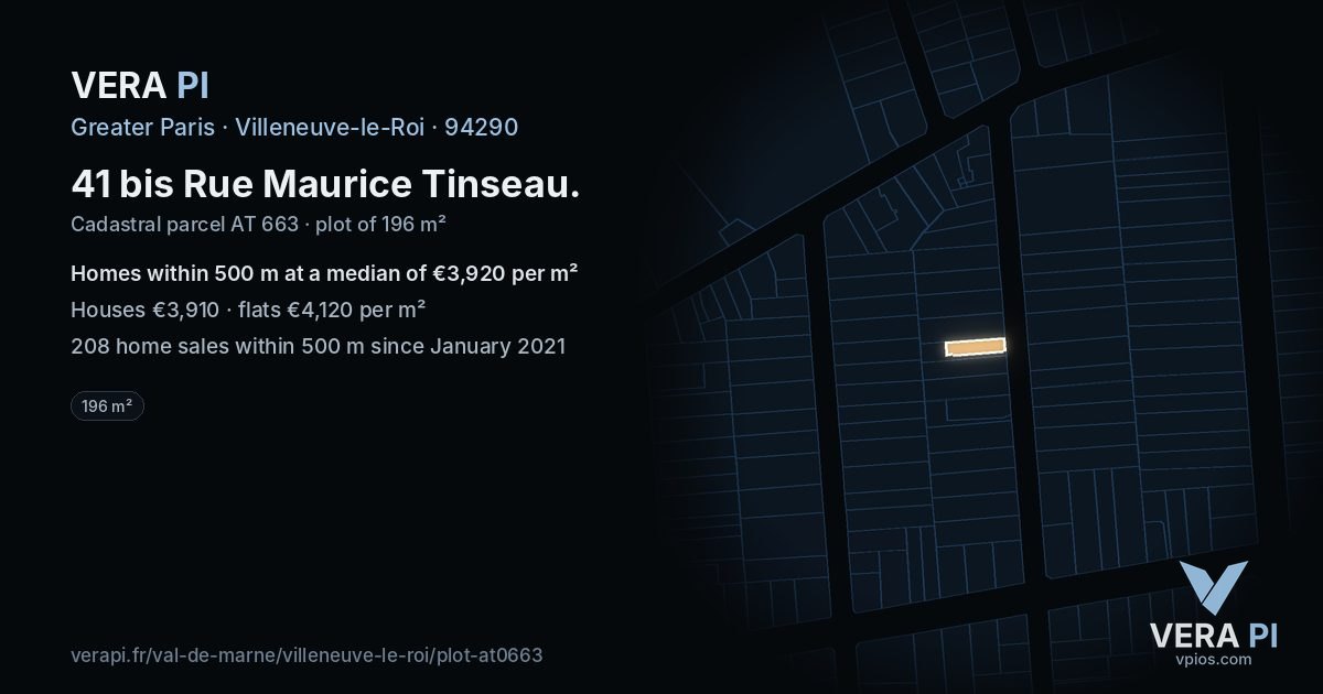 41 bis Rue Maurice Tinseau, Villeneuve-le-Roi at night – the plot lit, the parcels around coloured by the prices near them