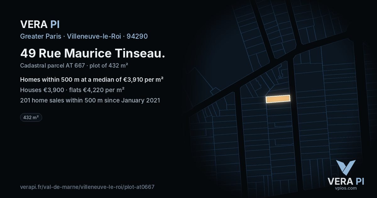 49 Rue Maurice Tinseau, Villeneuve-le-Roi at night – the plot lit, the parcels around coloured by the prices near them