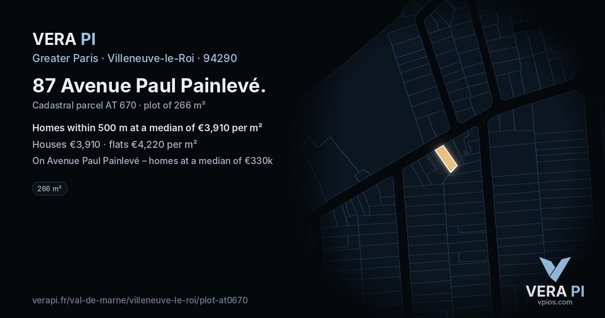 87 Avenue Paul Painlevé, Villeneuve-le-Roi at night – the plot lit, the parcels around coloured by the prices near them