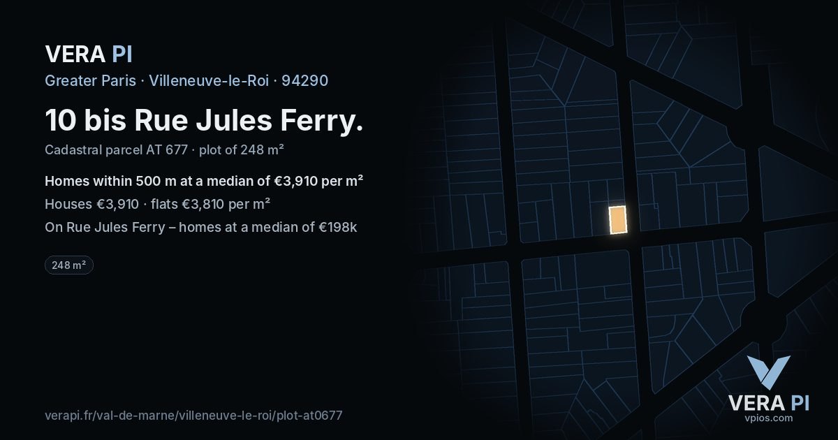 10 bis Rue Jules Ferry, Villeneuve-le-Roi at night – the plot lit, the parcels around coloured by the prices near them
