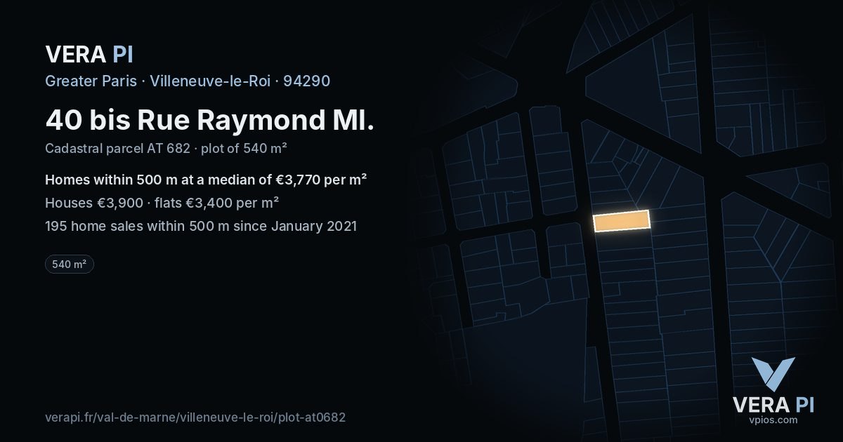 40 bis Rue Raymond Ml, Villeneuve-le-Roi at night – the plot lit, the parcels around coloured by the prices near them