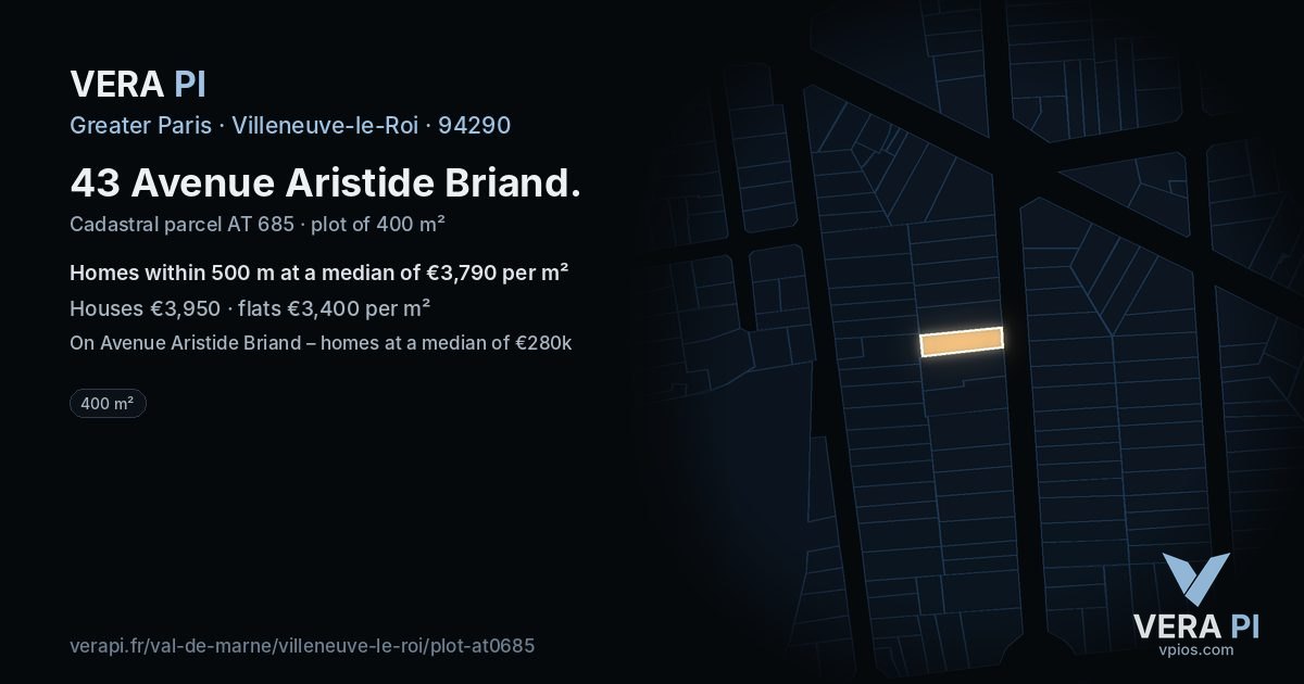 43 Avenue Aristide Briand, Villeneuve-le-Roi at night – the plot lit, the parcels around coloured by the prices near them