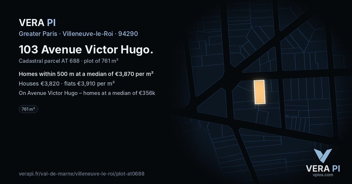 103 Avenue Victor Hugo, Villeneuve-le-Roi at night – the plot lit, the parcels around coloured by the prices near them