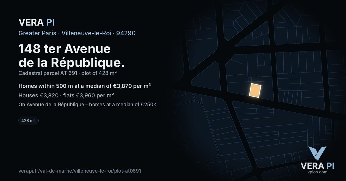 148 ter Avenue de la République, Villeneuve-le-Roi at night – the plot lit, the parcels around coloured by the prices near them