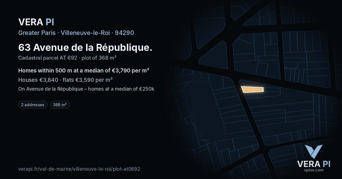 63 Avenue de la République, Villeneuve-le-Roi at night – the plot lit, the parcels around coloured by the prices near them