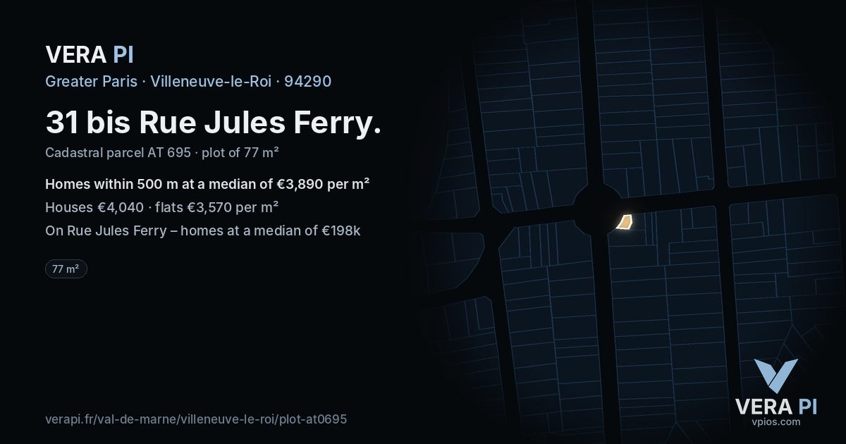31 bis Rue Jules Ferry, Villeneuve-le-Roi at night – the plot lit, the parcels around coloured by the prices near them