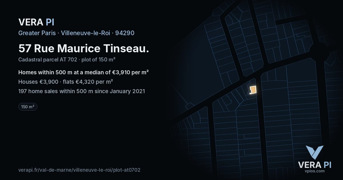 57 Rue Maurice Tinseau, Villeneuve-le-Roi at night – the plot lit, the parcels around coloured by the prices near them