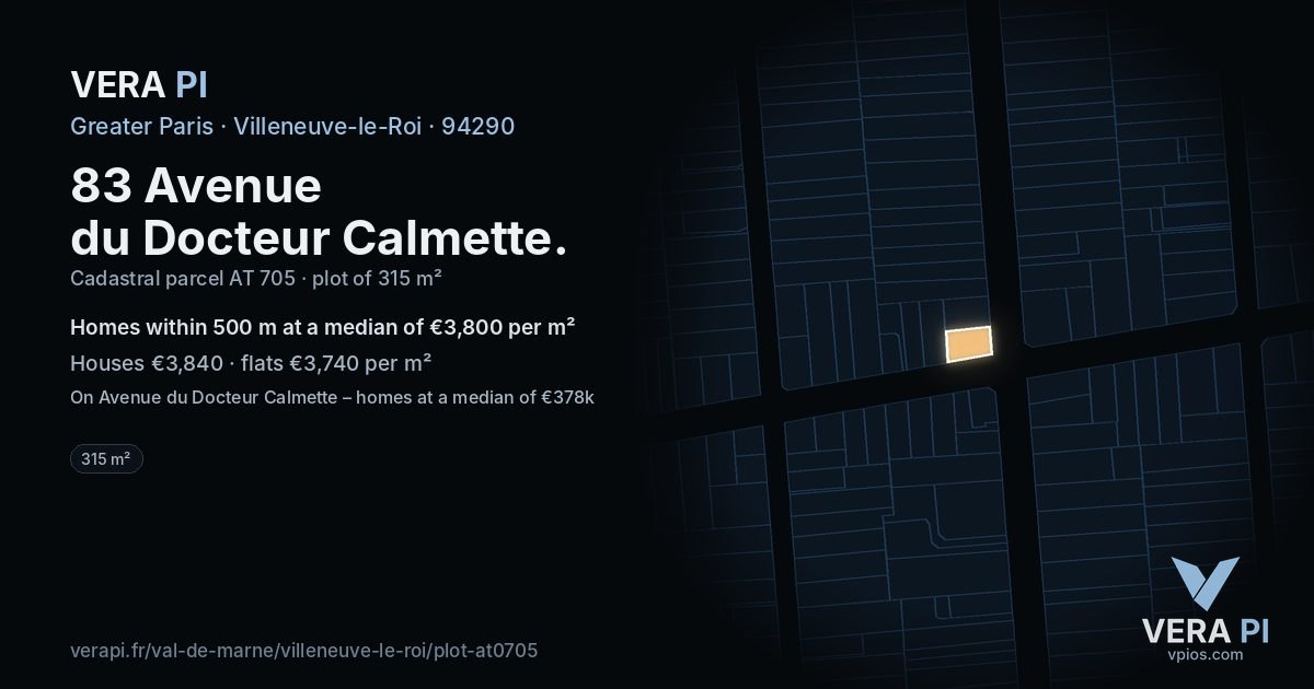 83 Avenue du Docteur Calmette, Villeneuve-le-Roi at night – the plot lit, the parcels around coloured by the prices near them