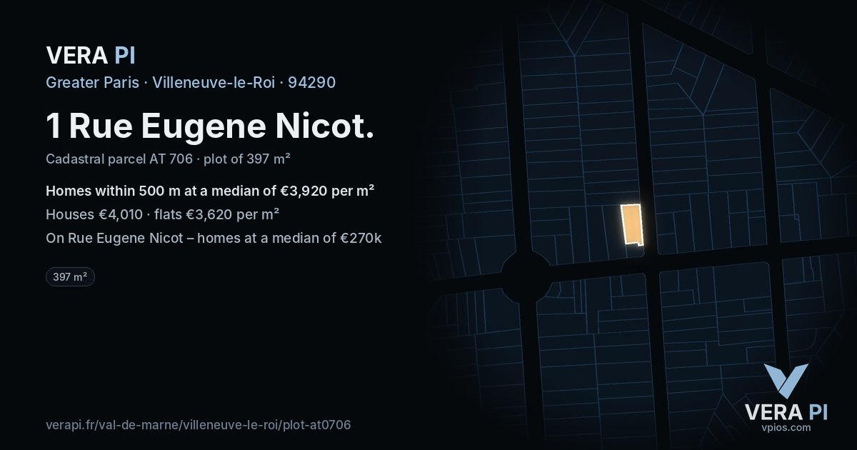 1 Rue Eugene Nicot, Villeneuve-le-Roi at night – the plot lit, the parcels around coloured by the prices near them