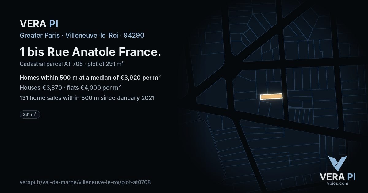 1 bis Rue Anatole France, Villeneuve-le-Roi at night – the plot lit, the parcels around coloured by the prices near them