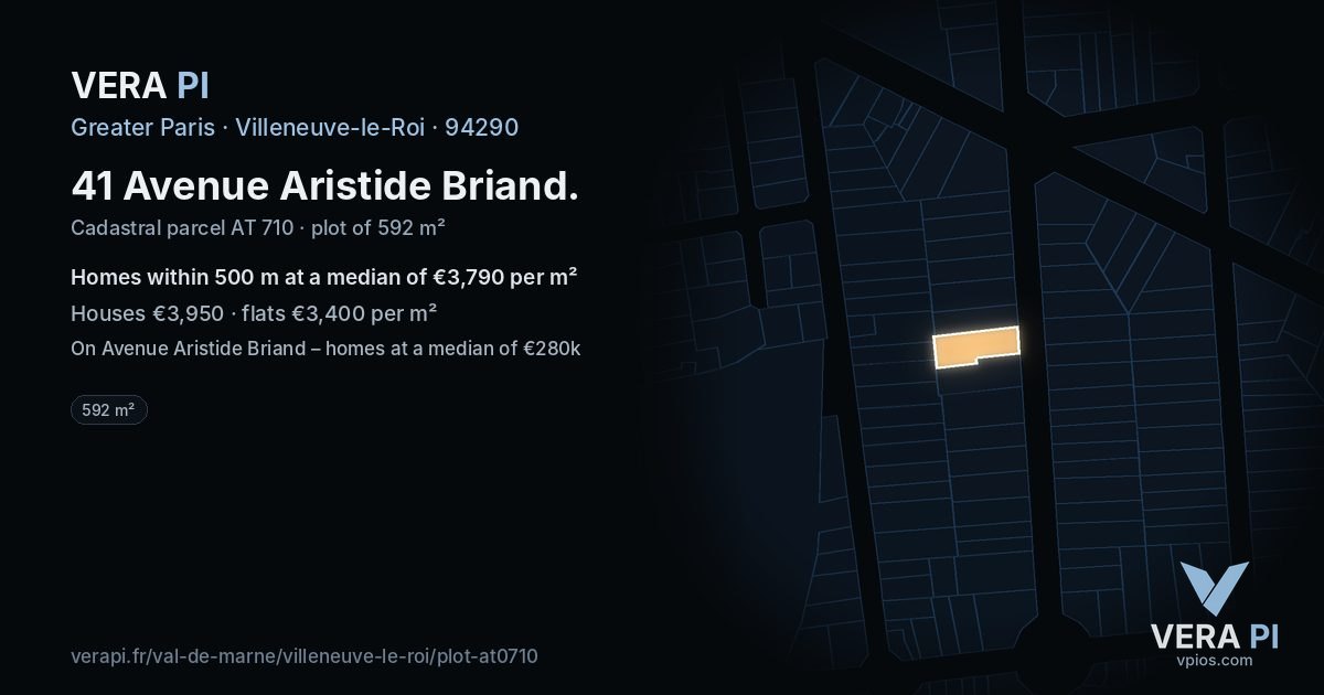 41 Avenue Aristide Briand, Villeneuve-le-Roi at night – the plot lit, the parcels around coloured by the prices near them