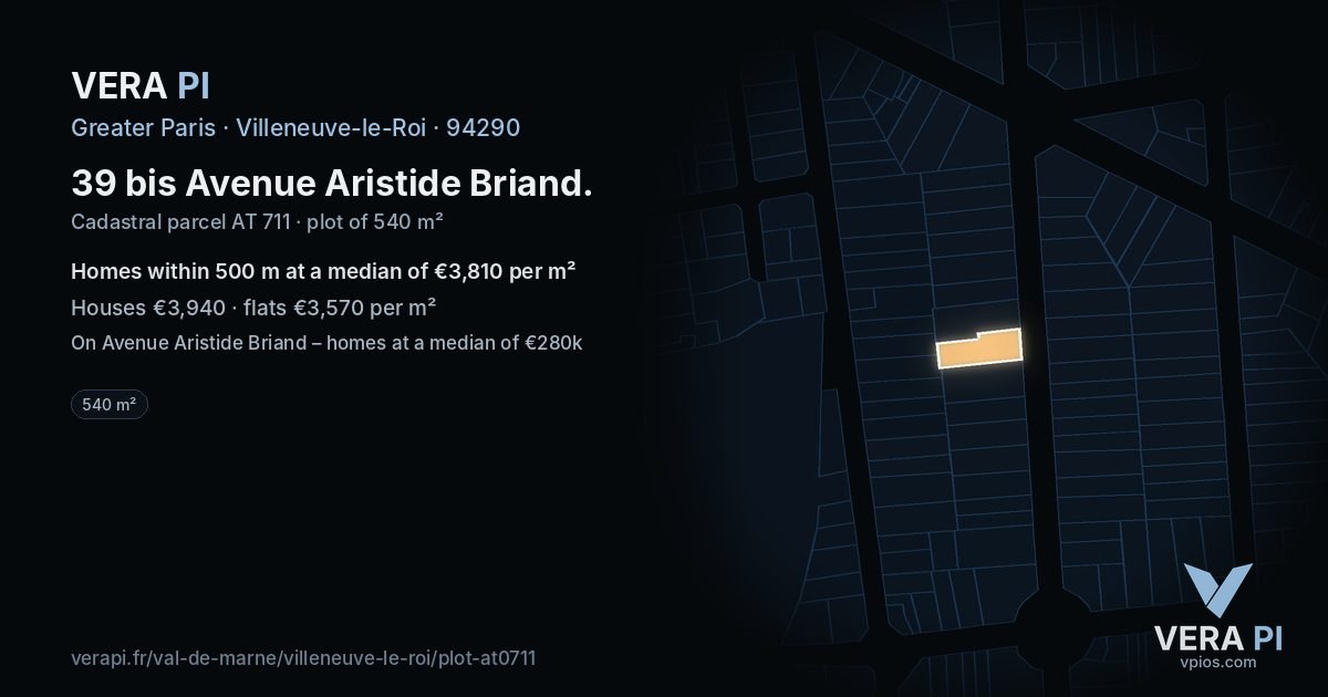 39 bis Avenue Aristide Briand, Villeneuve-le-Roi at night – the plot lit, the parcels around coloured by the prices near them