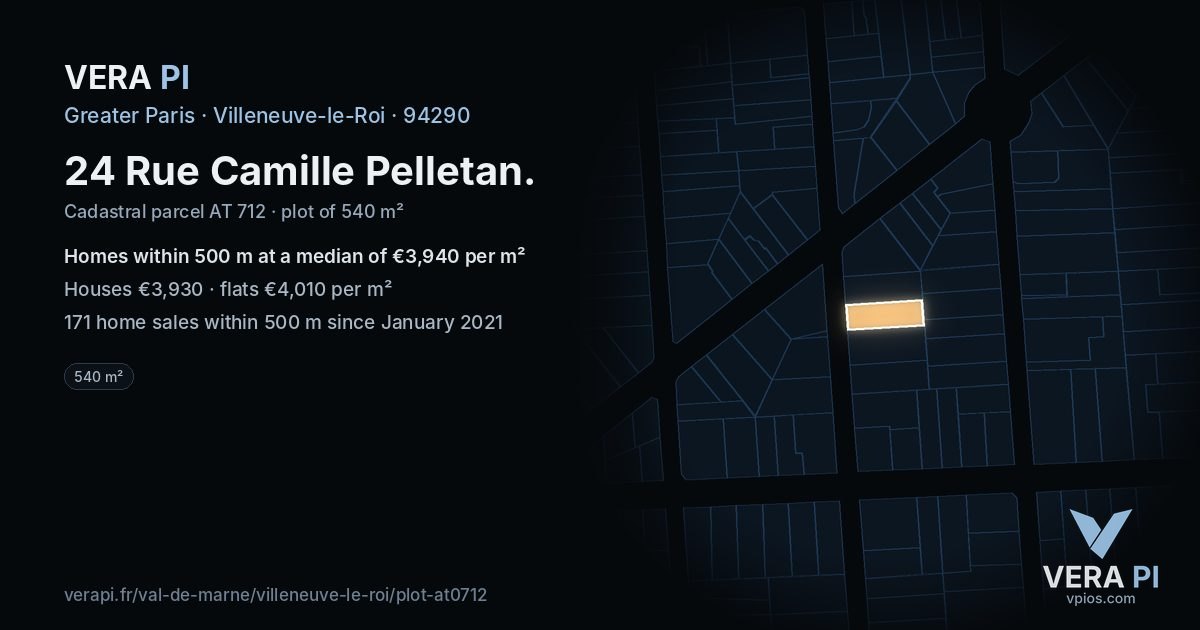 24 Rue Camille Pelletan, Villeneuve-le-Roi at night – the plot lit, the parcels around coloured by the prices near them