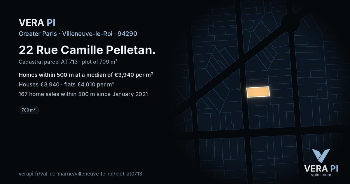 22 Rue Camille Pelletan, Villeneuve-le-Roi at night – the plot lit, the parcels around coloured by the prices near them