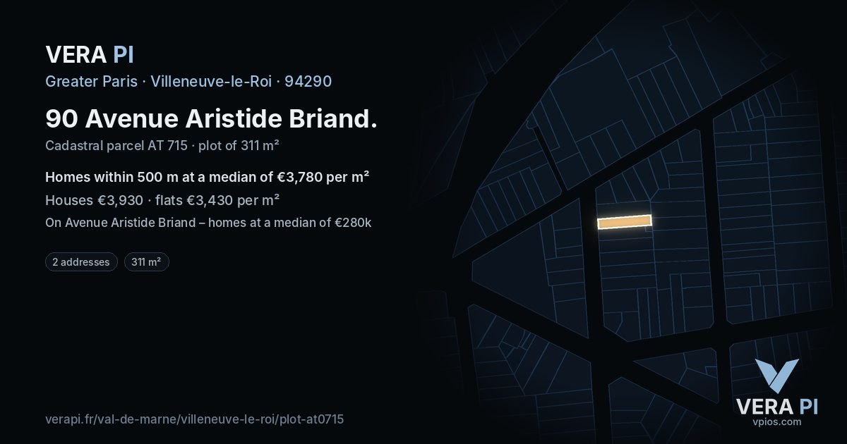 90 Avenue Aristide Briand, Villeneuve-le-Roi at night – the plot lit, the parcels around coloured by the prices near them