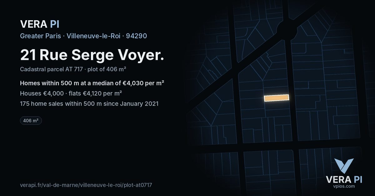 21 Rue Serge Voyer, Villeneuve-le-Roi at night – the plot lit, the parcels around coloured by the prices near them