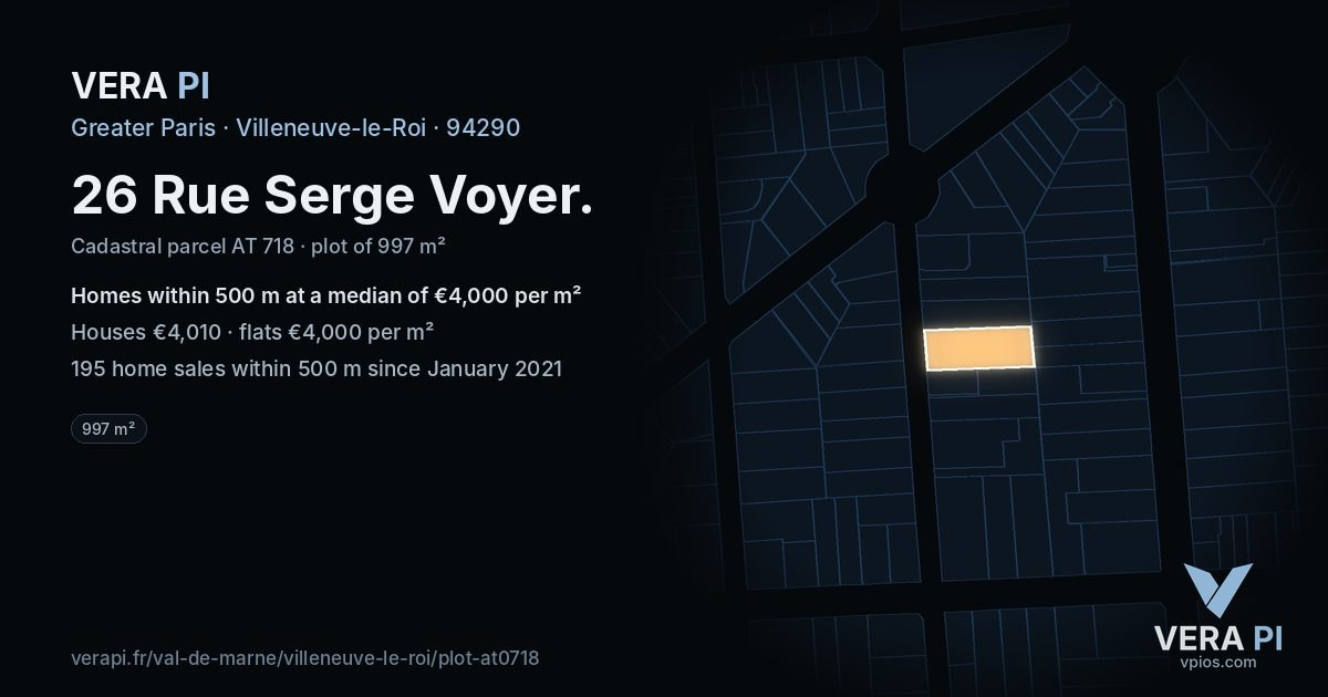 26 Rue Serge Voyer, Villeneuve-le-Roi at night – the plot lit, the parcels around coloured by the prices near them
