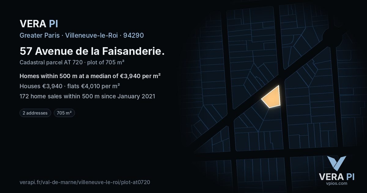 57 Avenue de la Faisanderie, Villeneuve-le-Roi at night – the plot lit, the parcels around coloured by the prices near them