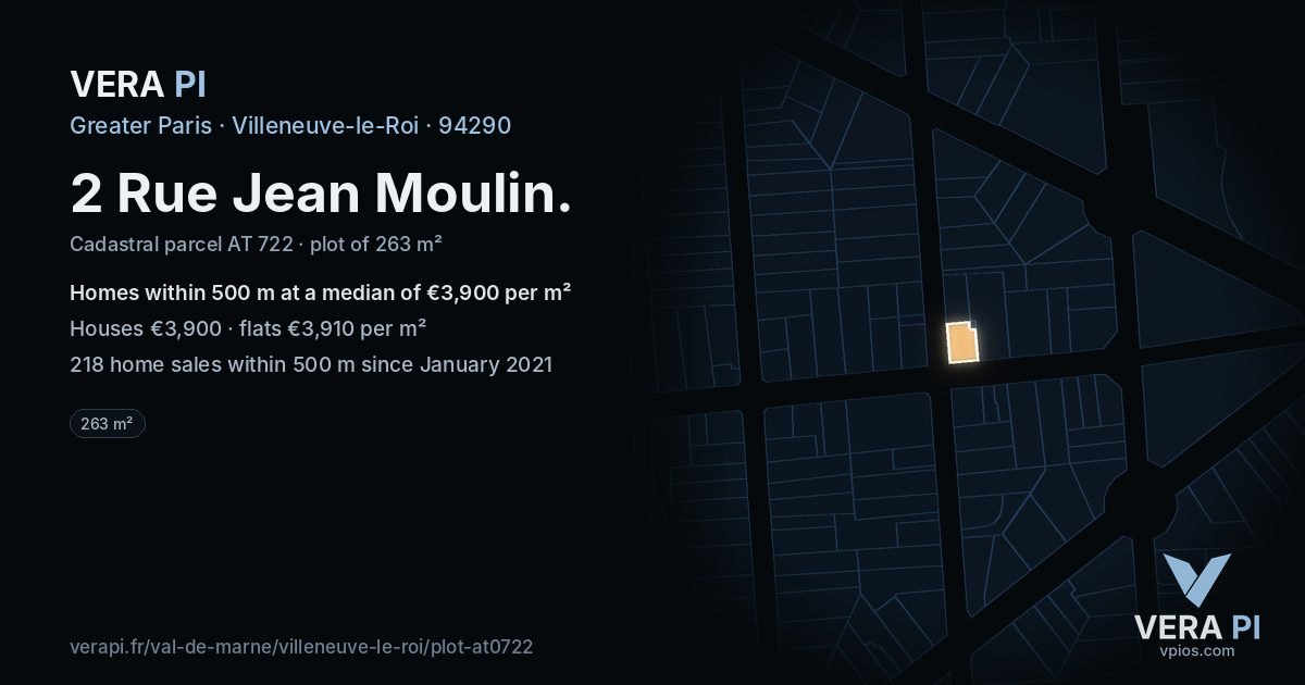 2 Rue Jean Moulin, Villeneuve-le-Roi at night – the plot lit, the parcels around coloured by the prices near them