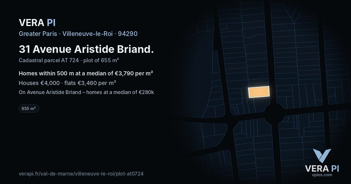 31 Avenue Aristide Briand, Villeneuve-le-Roi at night – the plot lit, the parcels around coloured by the prices near them