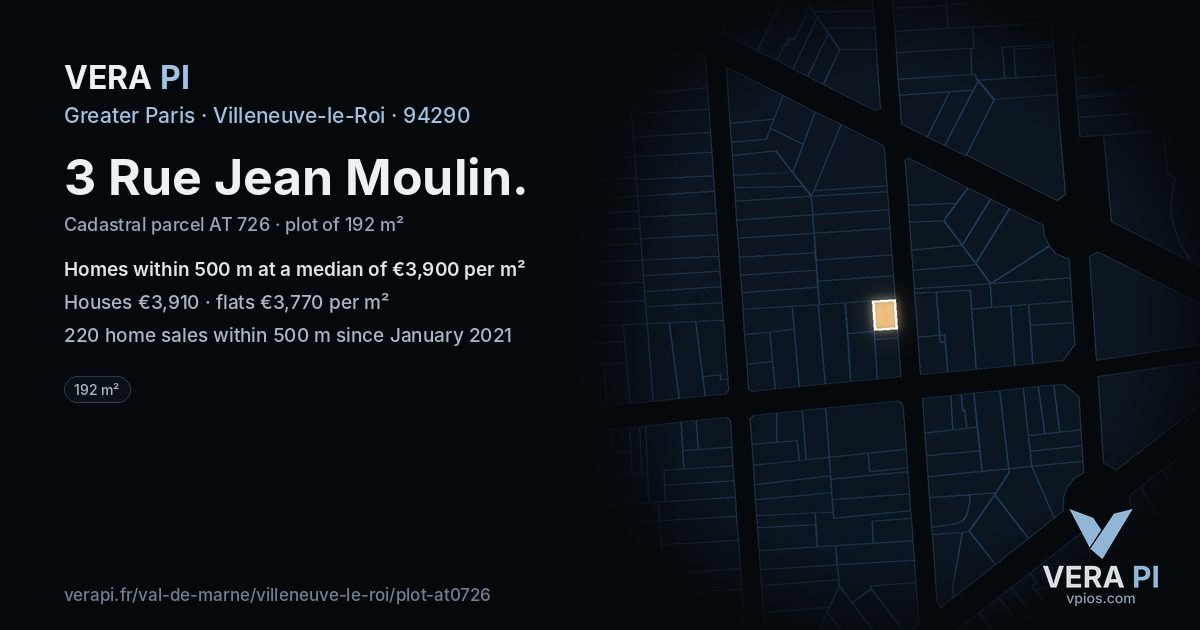 3 Rue Jean Moulin, Villeneuve-le-Roi at night – the plot lit, the parcels around coloured by the prices near them