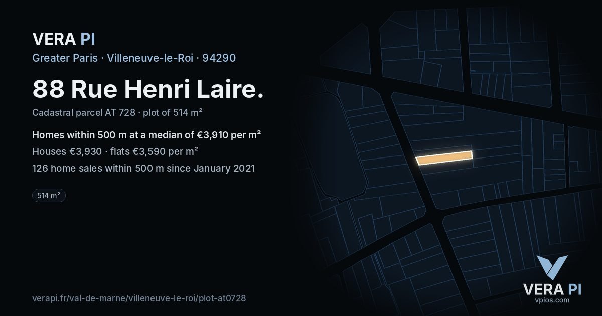 88 Rue Henri Laire, Villeneuve-le-Roi at night – the plot lit, the parcels around coloured by the prices near them