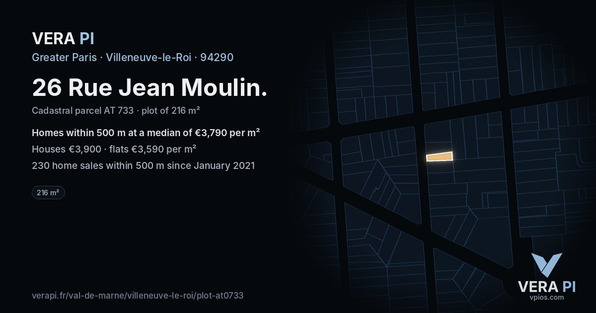 26 Rue Jean Moulin, Villeneuve-le-Roi at night – the plot lit, the parcels around coloured by the prices near them