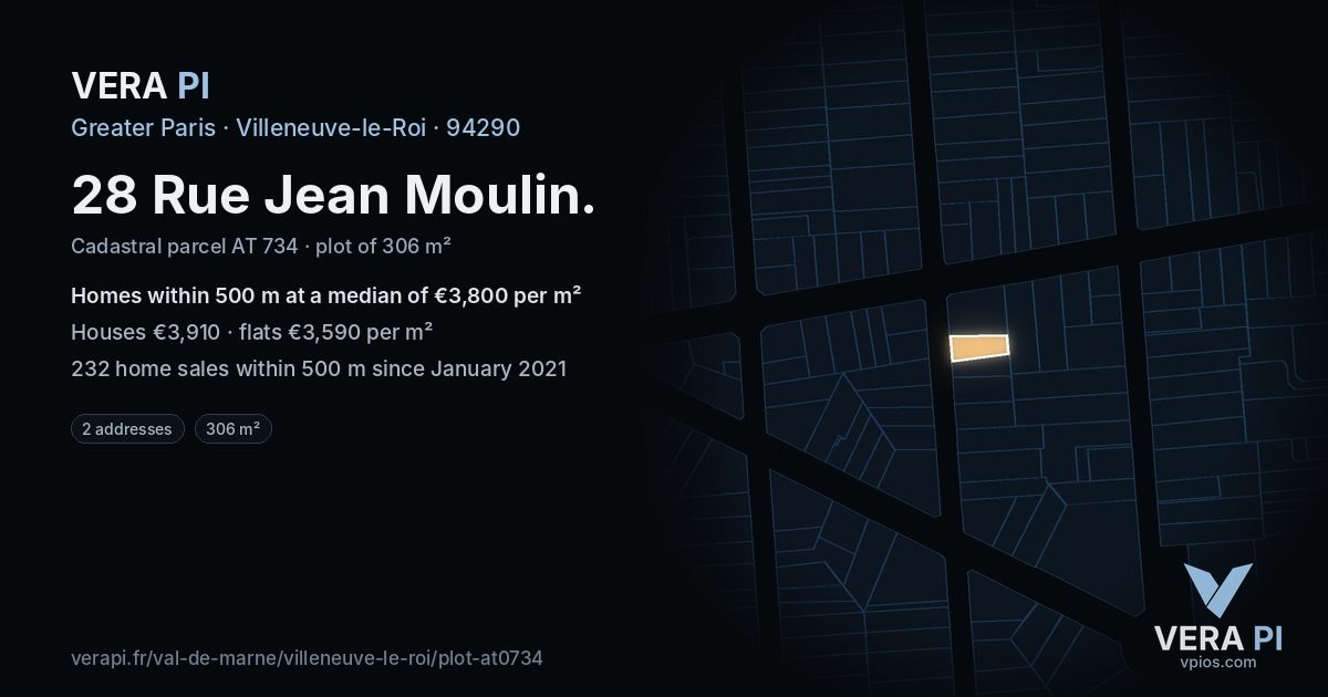 28 Rue Jean Moulin, Villeneuve-le-Roi at night – the plot lit, the parcels around coloured by the prices near them