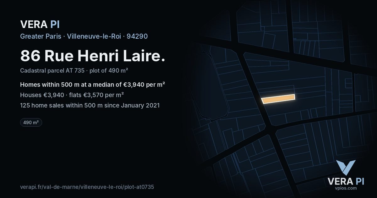86 Rue Henri Laire, Villeneuve-le-Roi at night – the plot lit, the parcels around coloured by the prices near them