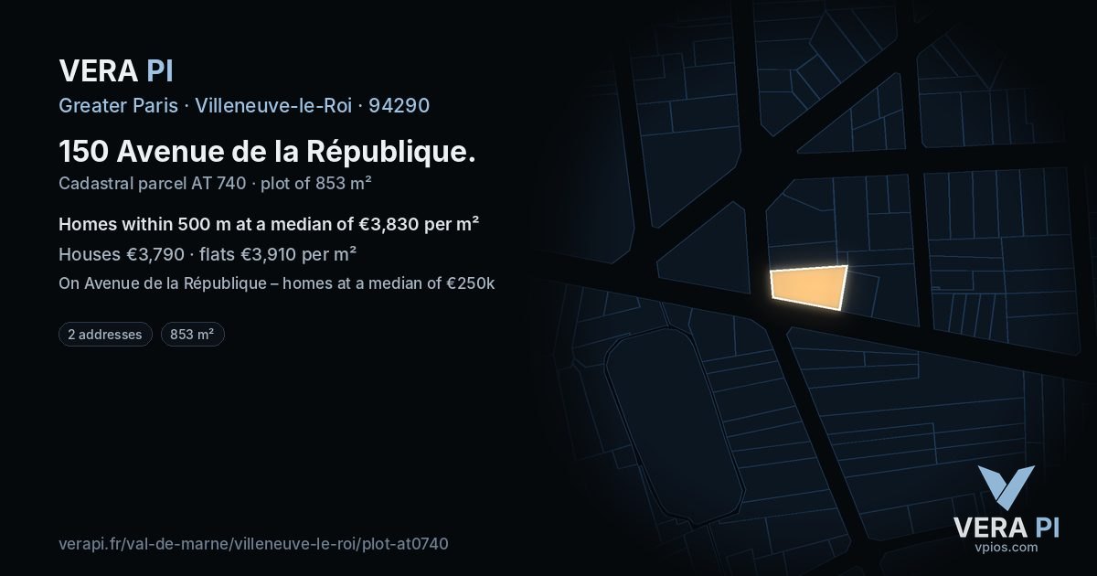 150 Avenue de la République, Villeneuve-le-Roi at night – the plot lit, the parcels around coloured by the prices near them