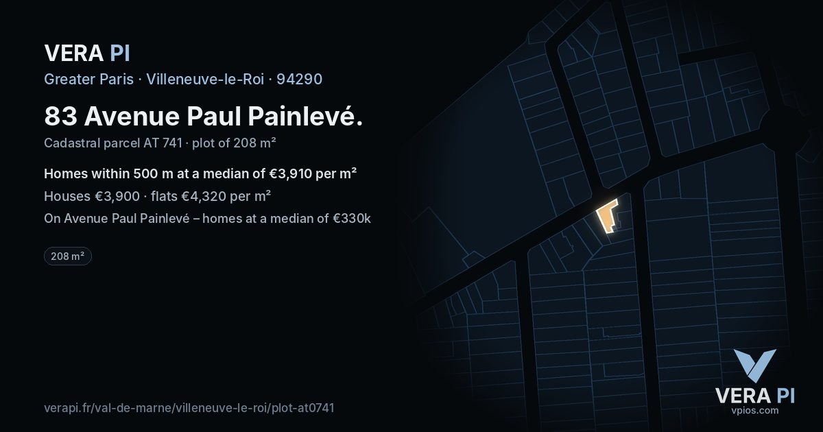 83 Avenue Paul Painlevé, Villeneuve-le-Roi at night – the plot lit, the parcels around coloured by the prices near them