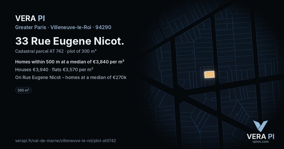 33 Rue Eugene Nicot, Villeneuve-le-Roi at night – the plot lit, the parcels around coloured by the prices near them
