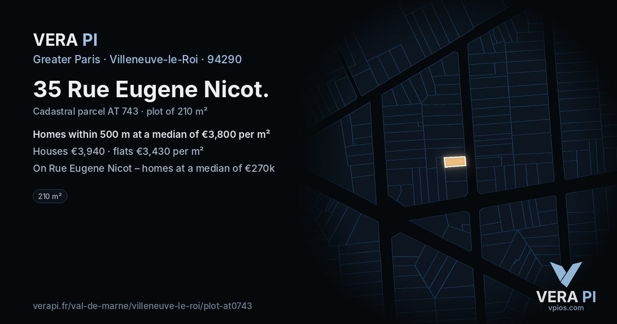 35 Rue Eugene Nicot, Villeneuve-le-Roi at night – the plot lit, the parcels around coloured by the prices near them