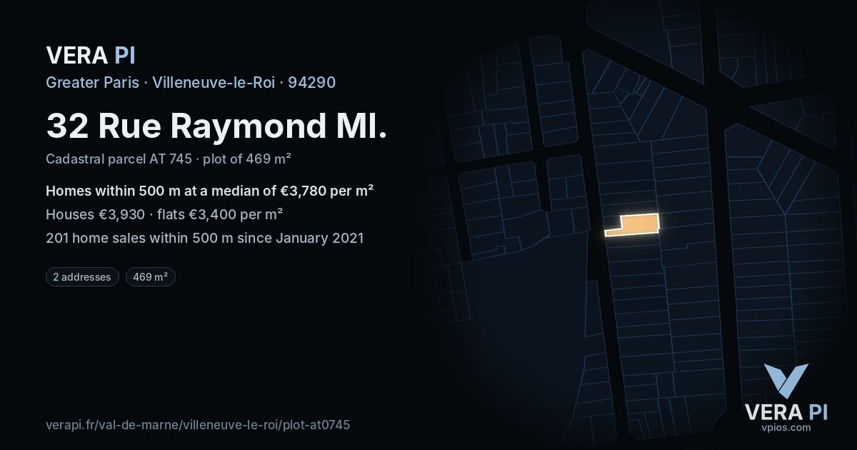 32 Rue Raymond Ml, Villeneuve-le-Roi at night – the plot lit, the parcels around coloured by the prices near them