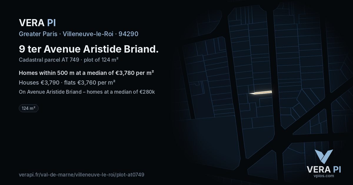 9 ter Avenue Aristide Briand, Villeneuve-le-Roi at night – the plot lit, the parcels around coloured by the prices near them