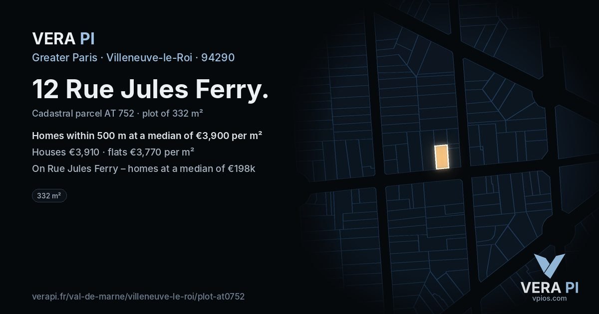 12 Rue Jules Ferry, Villeneuve-le-Roi at night – the plot lit, the parcels around coloured by the prices near them