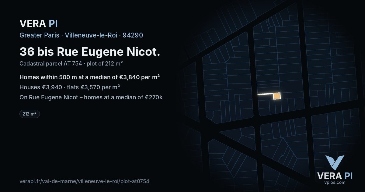 36 bis Rue Eugene Nicot, Villeneuve-le-Roi at night – the plot lit, the parcels around coloured by the prices near them
