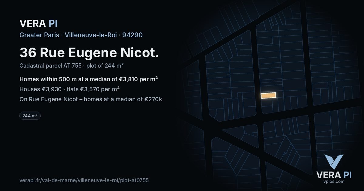 36 Rue Eugene Nicot, Villeneuve-le-Roi at night – the plot lit, the parcels around coloured by the prices near them