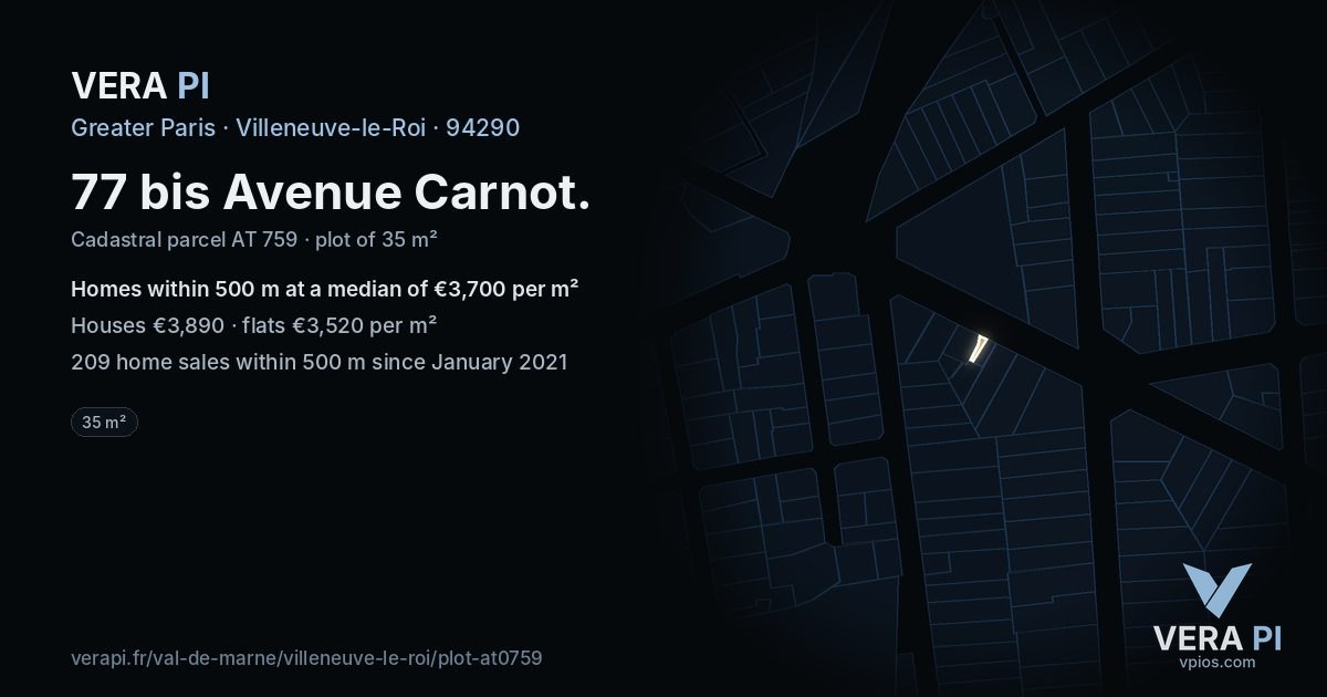 77 bis Avenue Carnot, Villeneuve-le-Roi at night – the plot lit, the parcels around coloured by the prices near them
